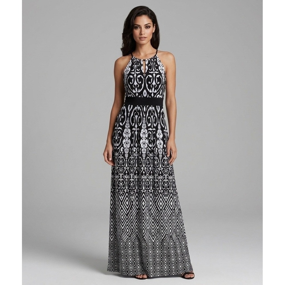 White House Black Market Black White‎ Damask Geometric Halter Maxi Dress Medium